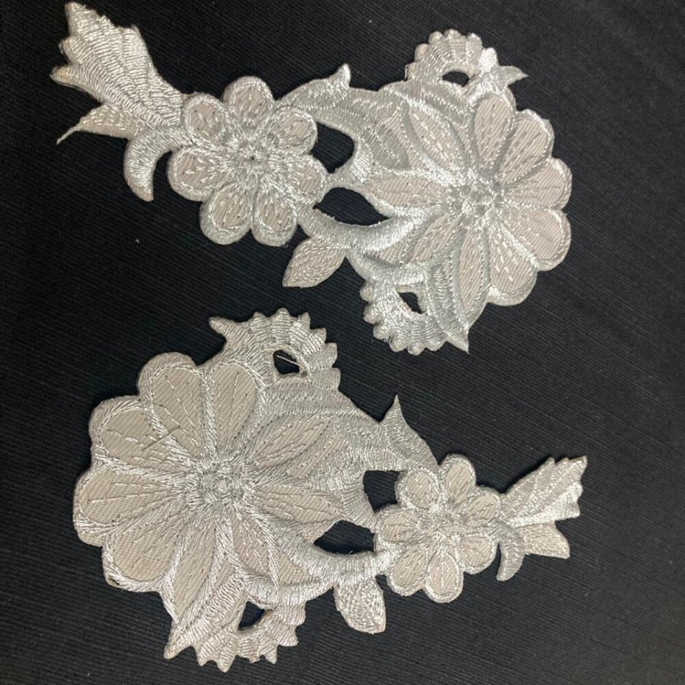 Kids Embroidery Patches Iron On Applique Floral Gray Silver Patches